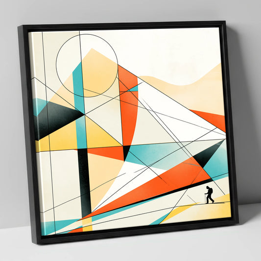 Lone Hiker on Geometric Fells lake district walking canvas wall art in black frame