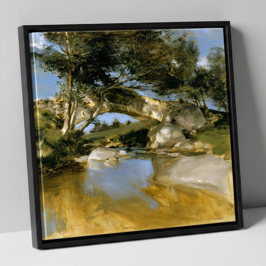 Sunlit Stone Bridge Over Beck lake district waterfall canvas wall art in black frame