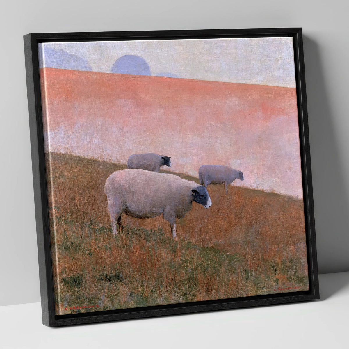 Herdwick Sheep on Pastel Fellside lake district wildlife canvas wall art in black frame