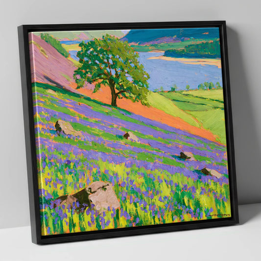 Bold Rannerdale Bluebells Over Crummock lake district lake canvas wall art in black frame