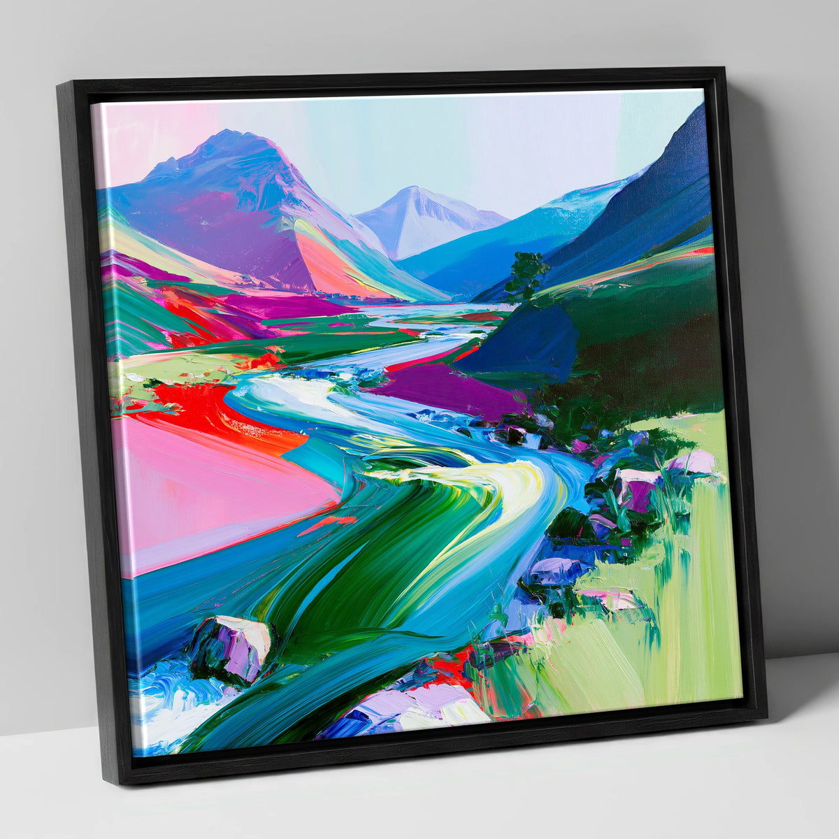 Colourful Rushing Fellside Beck lake district waterfall canvas wall art in black frame