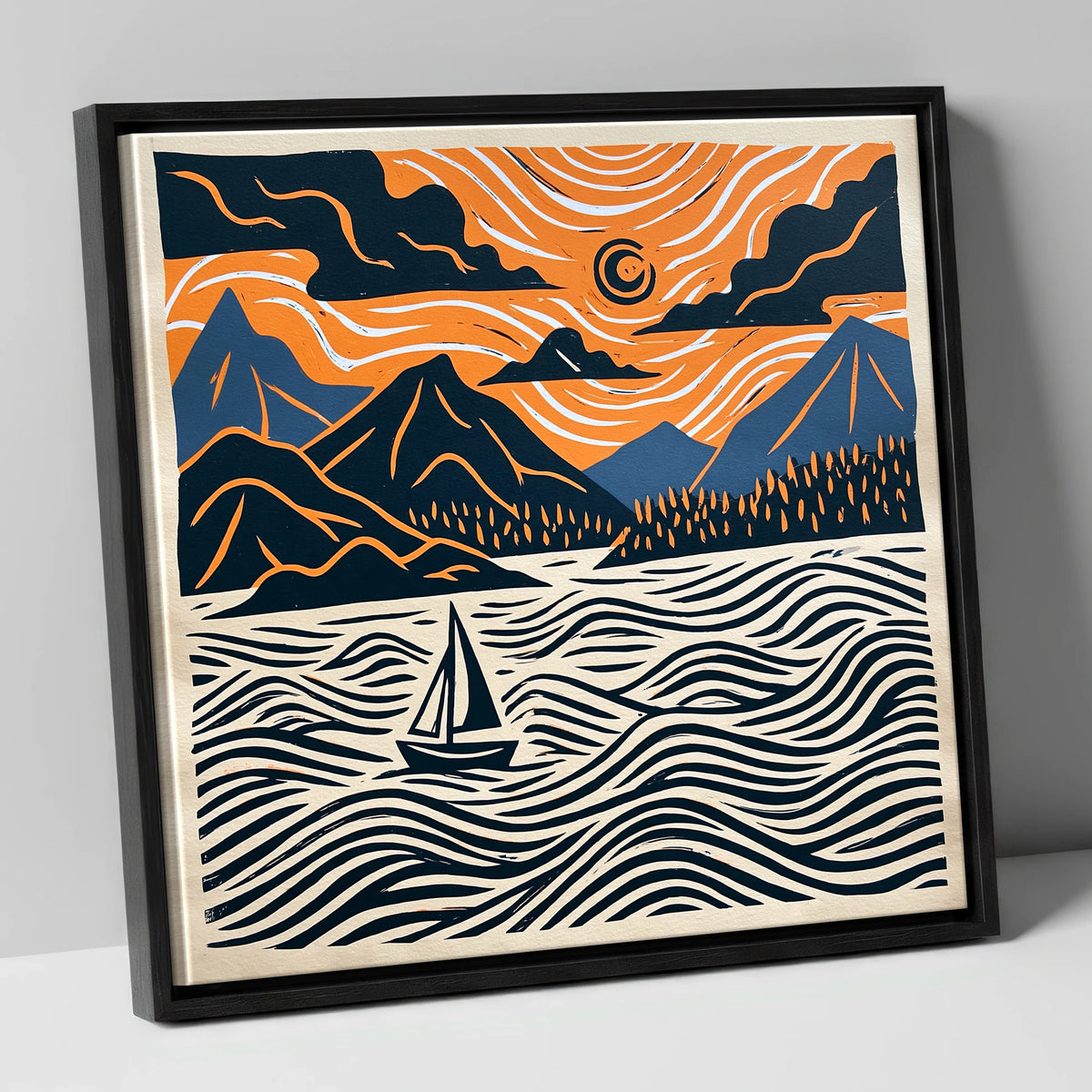 Derwentwater Sailboat Beneath Swirling Skies lake district lake canvas wall art in black frame