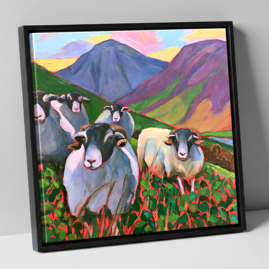 Herdwick Sheep on a Vibrant Fellside lake district wildlife canvas wall art in black frame