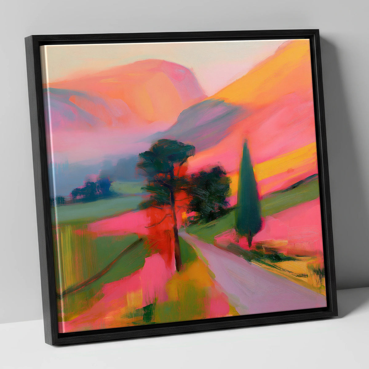 Neon Morning Valley Mist lake district sky canvas wall art in black frame