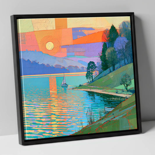 Orange Sunset Over Lakeland Water lake district lake canvas wall art in black frame