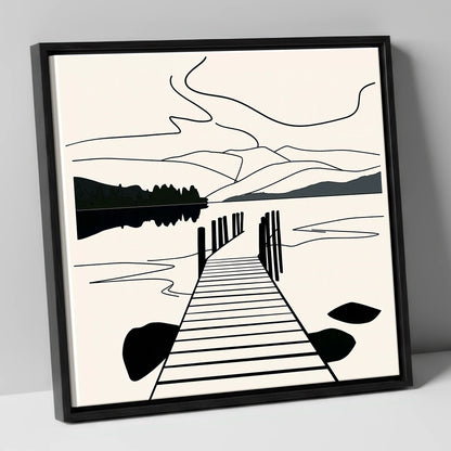Minimalist Waterhead Jetty Ambleside lake district village canvas wall art in black frame