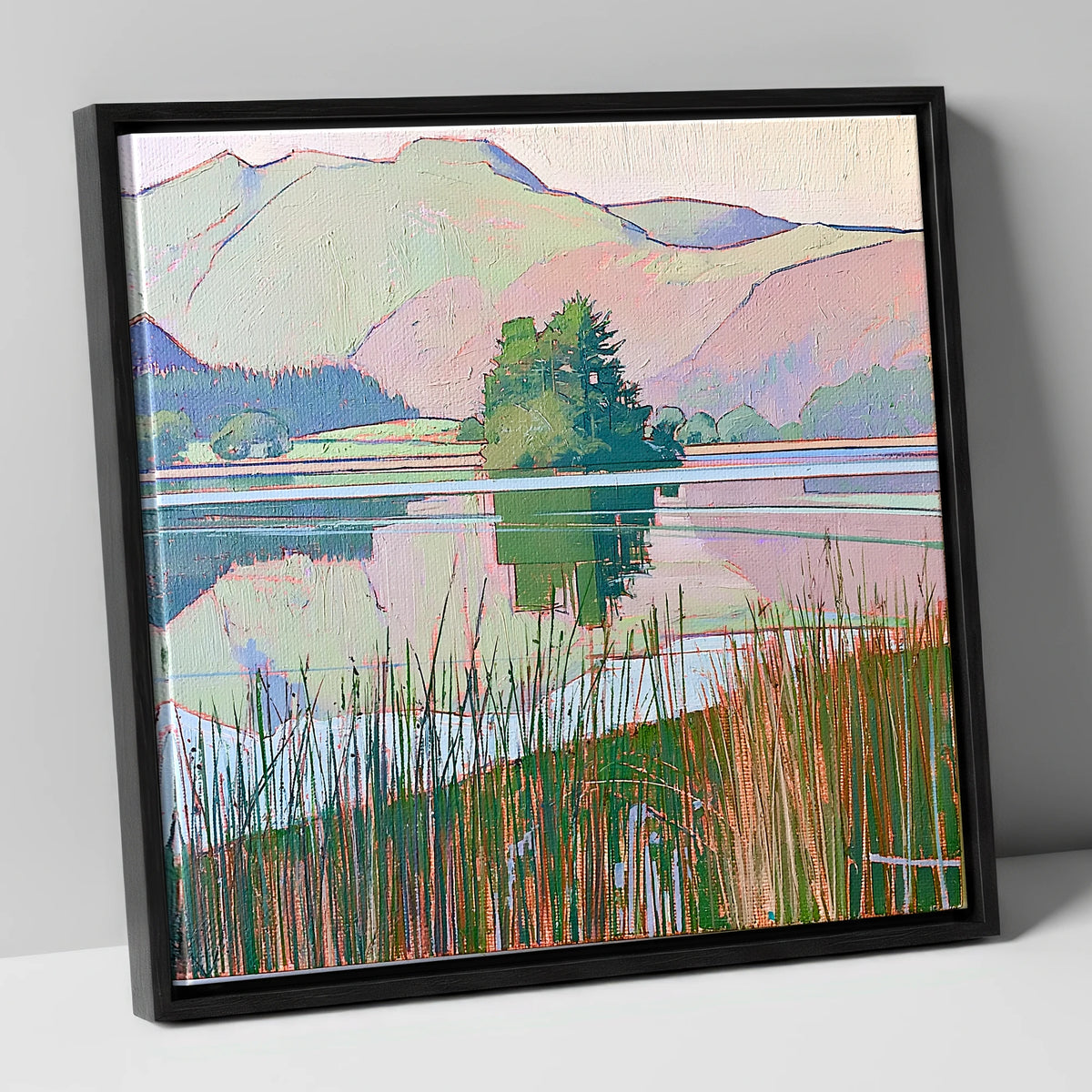 Grasmere Island Through Tall Reeds lake district lake canvas wall art in black frame