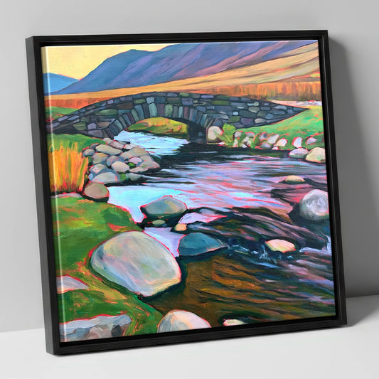 Colourful Stone Bridge and Beck lake district waterfall canvas wall art in black frame