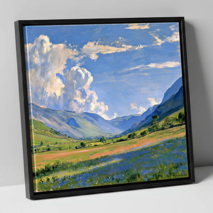 Sunlit Valley Under Billowing Clouds lake district valley canvas wall art in black frame