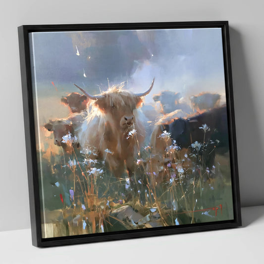 Sunlit Highland Cattle Herd lake district wildlife canvas wall art in black frame