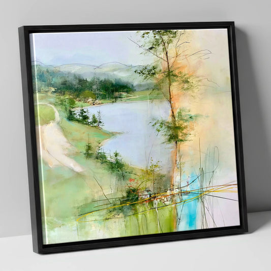 Tarn Hows in Spring Greens lake district lake canvas wall art in black frame