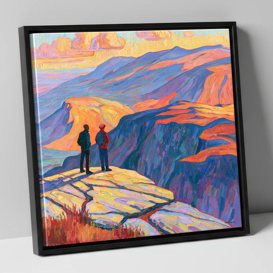Hikers at Sunset on the Fells lake district fell canvas wall art in black frame