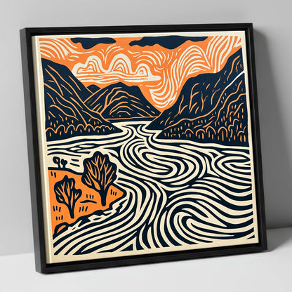 Ullswater in Terracotta and Navy lake district lake canvas wall art in black frame