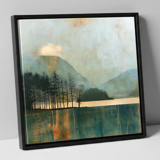Grasmere Island in Teal and Gold lake district lake canvas wall art in black frame