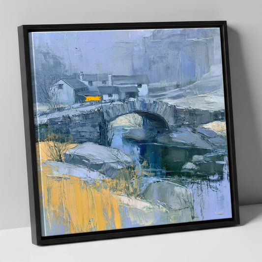 Stone Bridge in Slate and Mustard lake district waterfall canvas wall art in black frame
