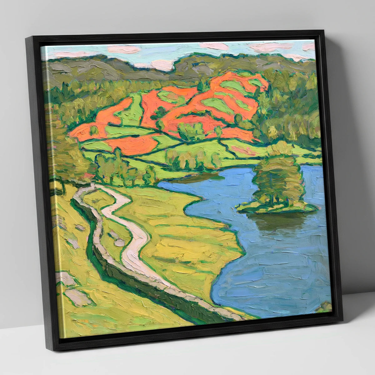 Vibrant Rydal Water Shore Path lake district lake canvas wall art in black frame