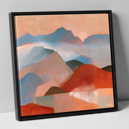 Terracotta and Blue Mountain Ridge lake district fell canvas wall art in black frame
