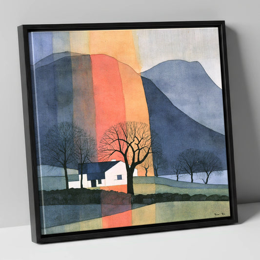 Rainbow Over a Fellside Cottage lake district sky canvas wall art in black frame
