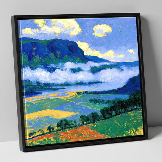 Blue Fells And Valley Mist lake district sky canvas wall art in black frame