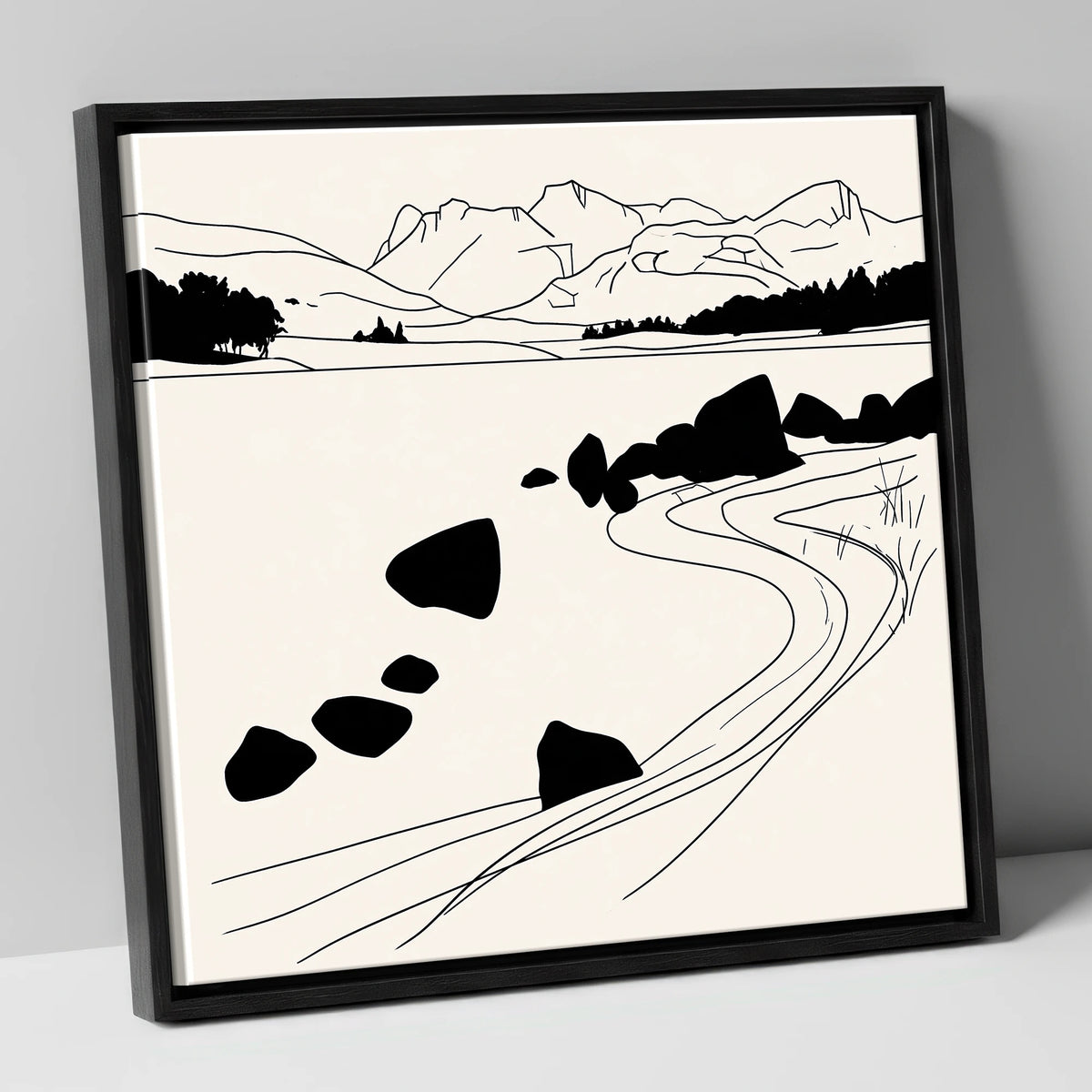 Minimalist Elterwater Scattered Rocks lake district lake canvas wall art in black frame