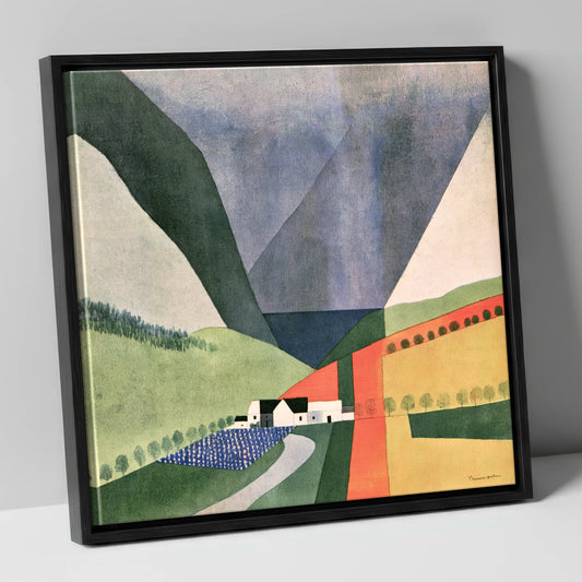 Geometric Valley Farm In Terracotta lake district valley canvas wall art in black frame
