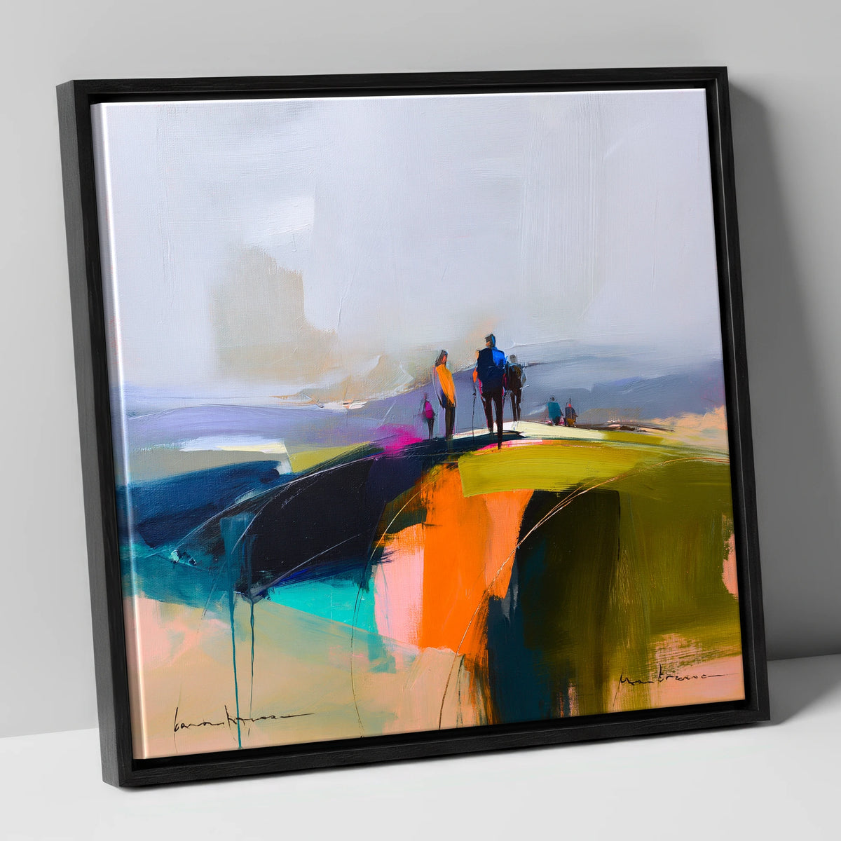 Abstract Fell Top Walkers lake district fell canvas wall art in black frame