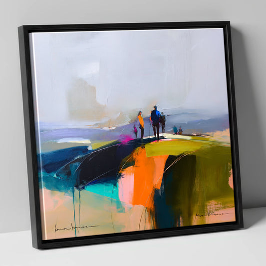 Abstract Fell Top Walkers lake district fell canvas wall art in black frame