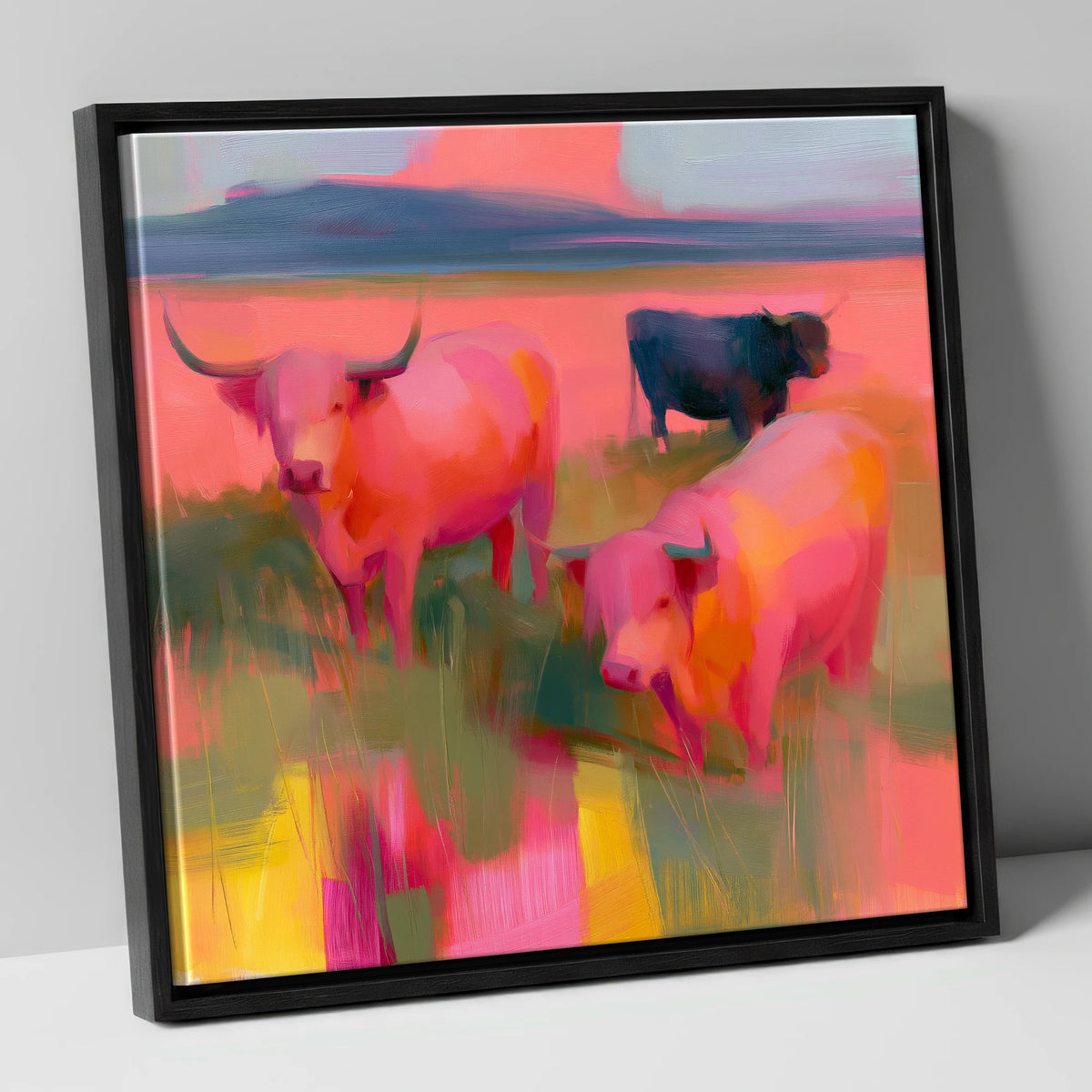 Pink Highland Cattle Grazing lake district wildlife canvas wall art in black frame