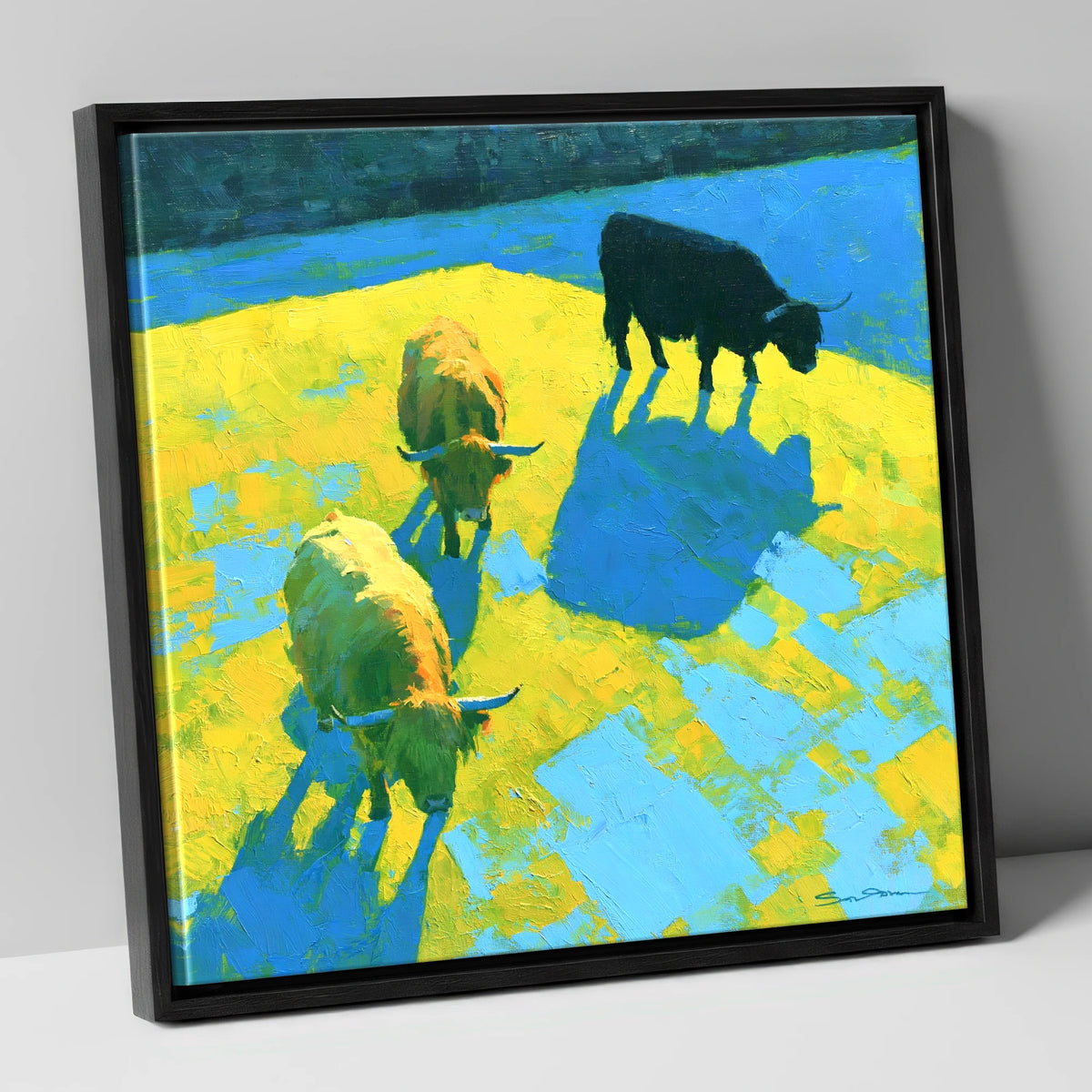 Vibrant Highland Cattle in Summer Light lake district wildlife canvas wall art in black frame
