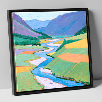 Vibrant Winding River Valley lake district waterfall canvas wall art in black frame