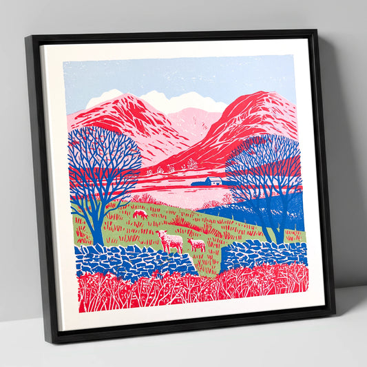 Bold Red Fells of Eskdale lake district valley canvas wall art in black frame