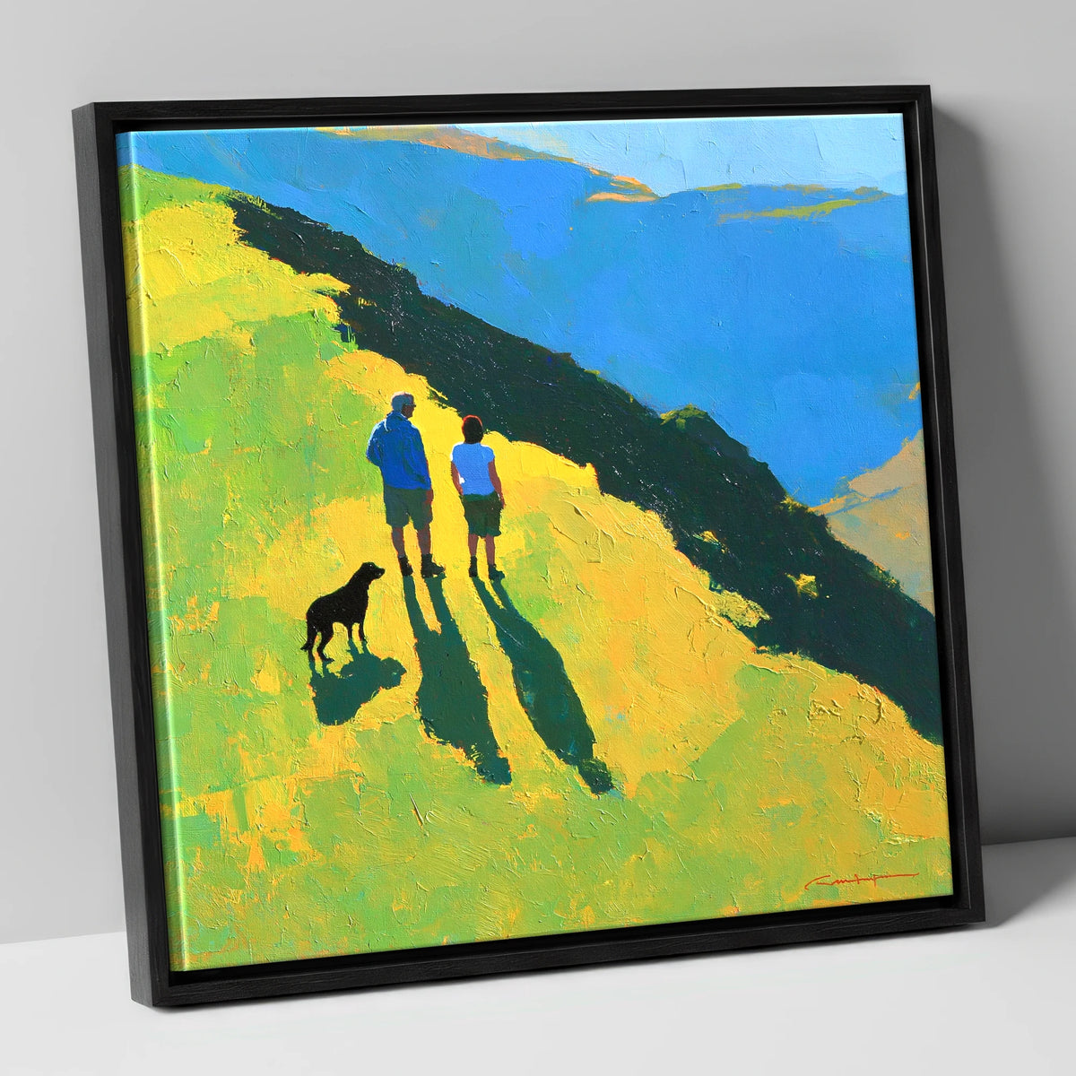 Sunlit Dog Walkers on Blencathra gifts for dog walkers canvas wall art in black frame
