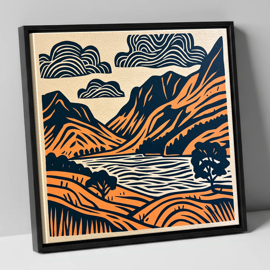 Buttermere Valley in Navy and Terracotta lake district lake canvas wall art in black frame
