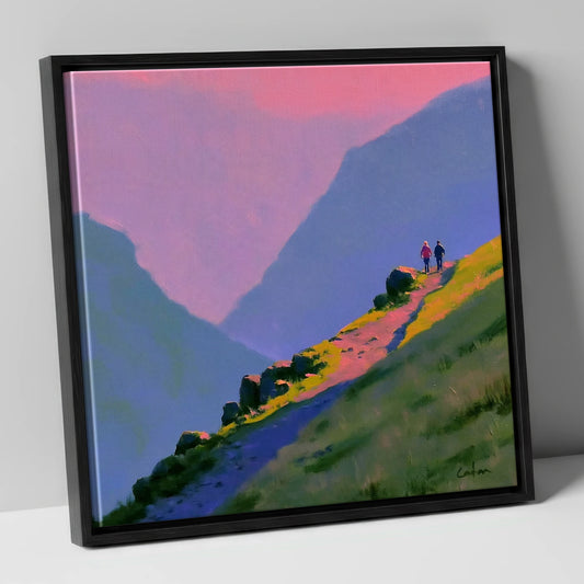 Walkers on a Vivid Mountain Path lake district walking canvas wall art in black frame