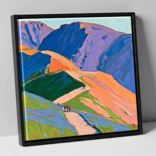 Walkers on Vibrant Mountain Path lake district walking canvas wall art in black frame