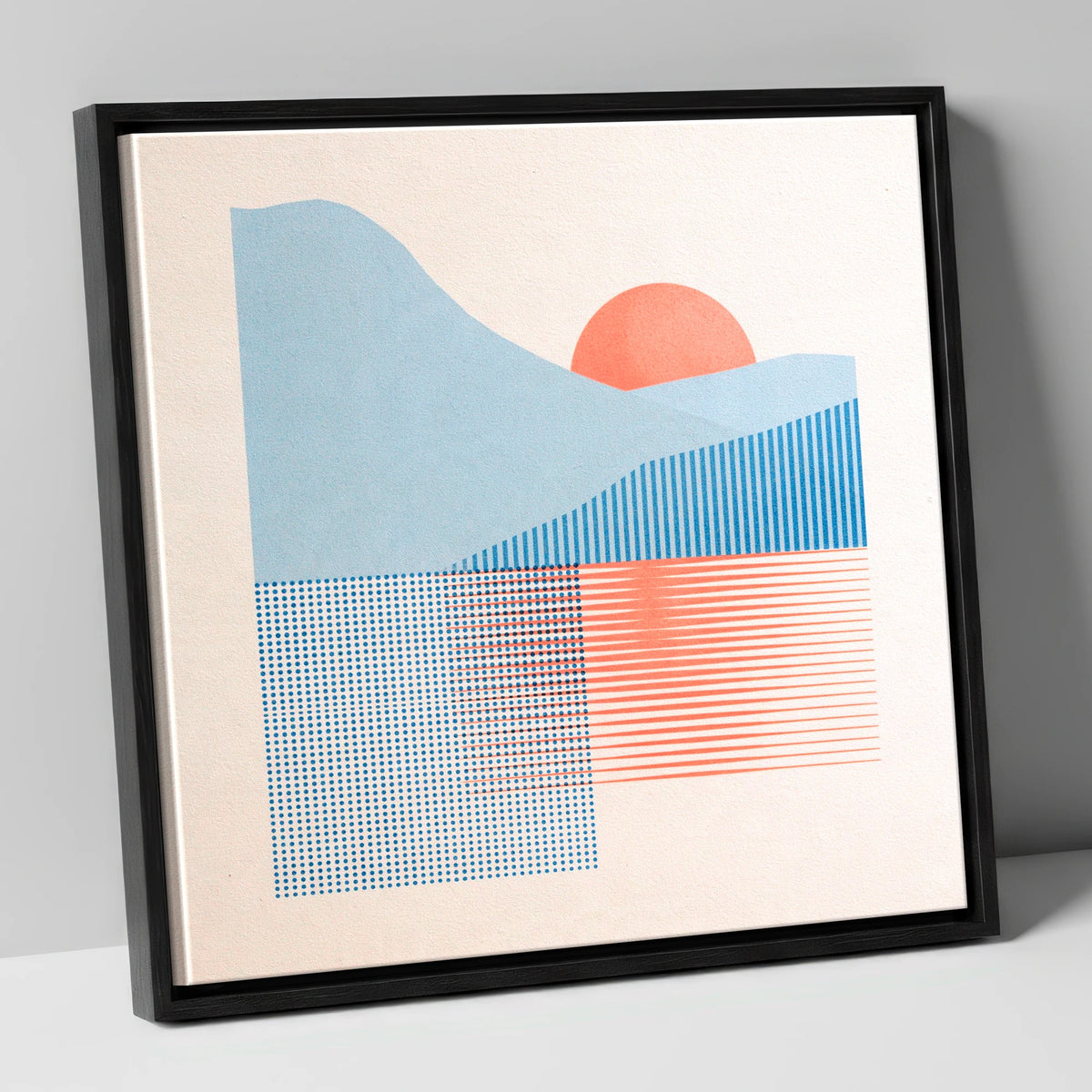 Geometric Still Lake Dawn lake district lake canvas wall art in black frame
