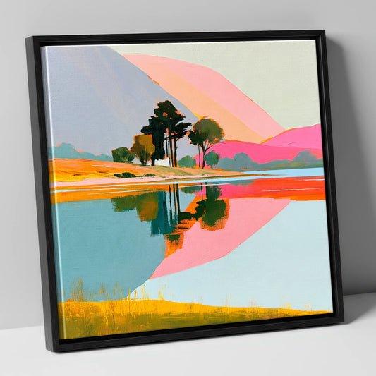 Pink Fells and Lake Reflections lake district lake canvas wall art in black frame