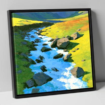 Cobalt Blue Fellside Beck lake district waterfall canvas wall art in black frame