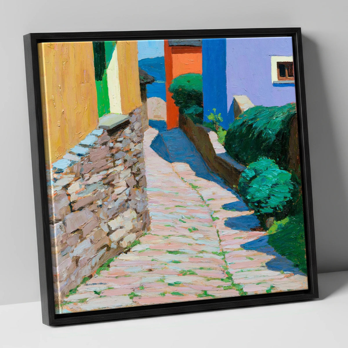 Colourful Cobbled Village Street lake district village canvas wall art in black frame