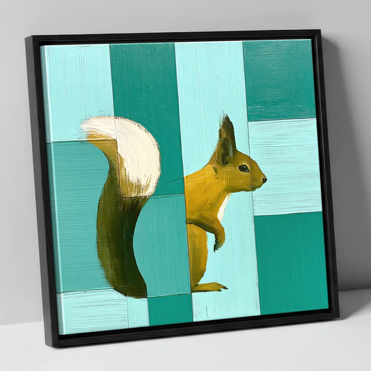 Red Squirrel Against Teal Panels lake district wildlife canvas wall art in black frame