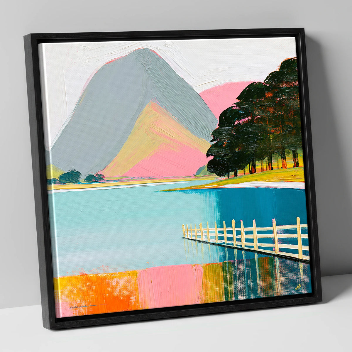 Vibrant Buttermere and White Fence lake district lake canvas wall art in black frame