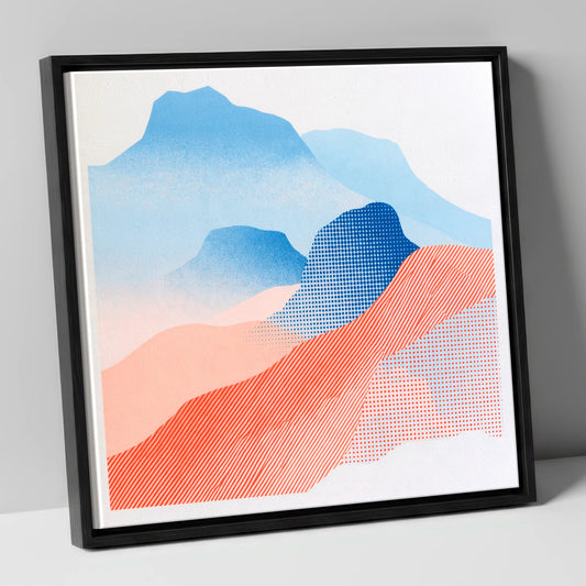 Coral and Blue Langdale Pikes lake district fell canvas wall art in black frame