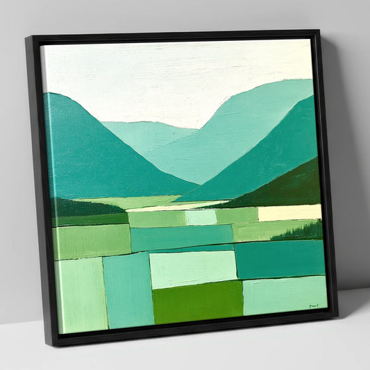 Borrowdale Valley in Bold Greens lake district valley canvas wall art in black frame