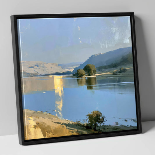 Lake And Fells In Golden Light lake district lake canvas wall art in black frame
