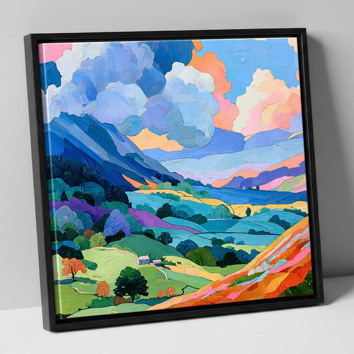 Colourful Fells Under Billowing Clouds lake district fell canvas wall art in black frame