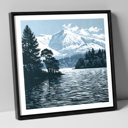 Winter Skiddaw in Deep Blue lake district fell canvas wall art in black frame