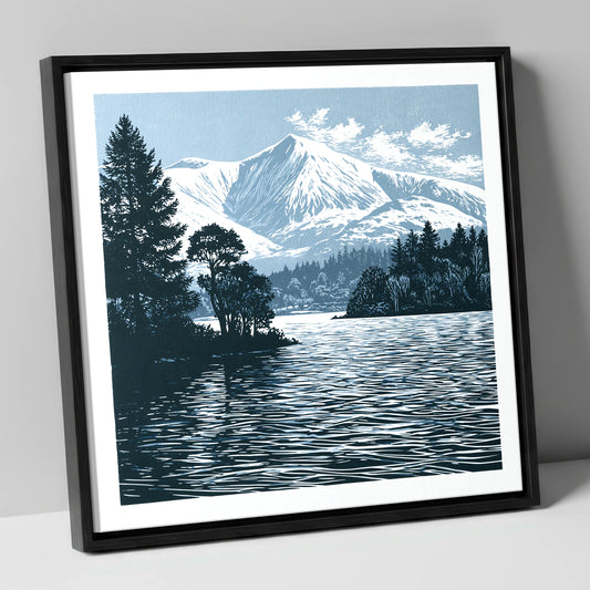 Winter Skiddaw in Deep Blue lake district fell canvas wall art in black frame