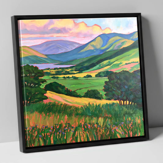 Green Valley Fells at Sunset lake district valley canvas wall art in black frame