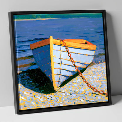 Blue Wooden Boat on Windermere lake district lake canvas wall art in black frame