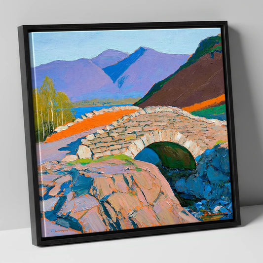 Vibrant Ashness Bridge in Borrowdale lake district waterfall canvas wall art in black frame